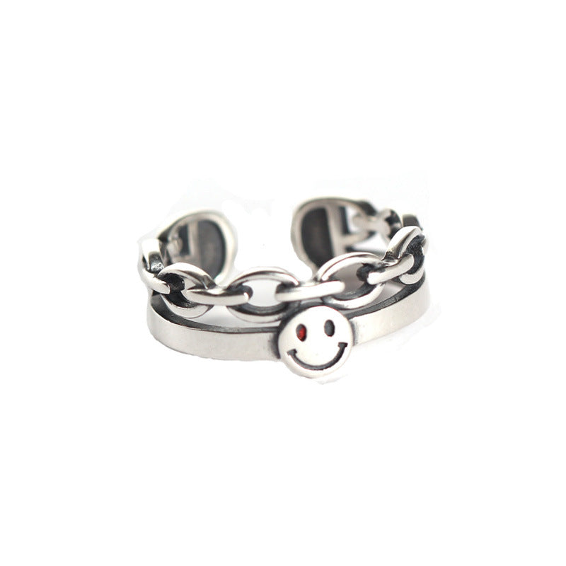 South Korea Dongdaemun retro smiley face double ring S925 sterling silver personalized index finger ring