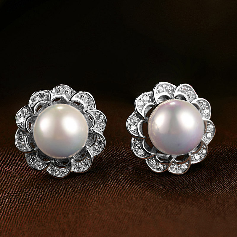 S925 sterling silver pearl earrings Korean temperament micro-inlaid zircon shell beads earrings