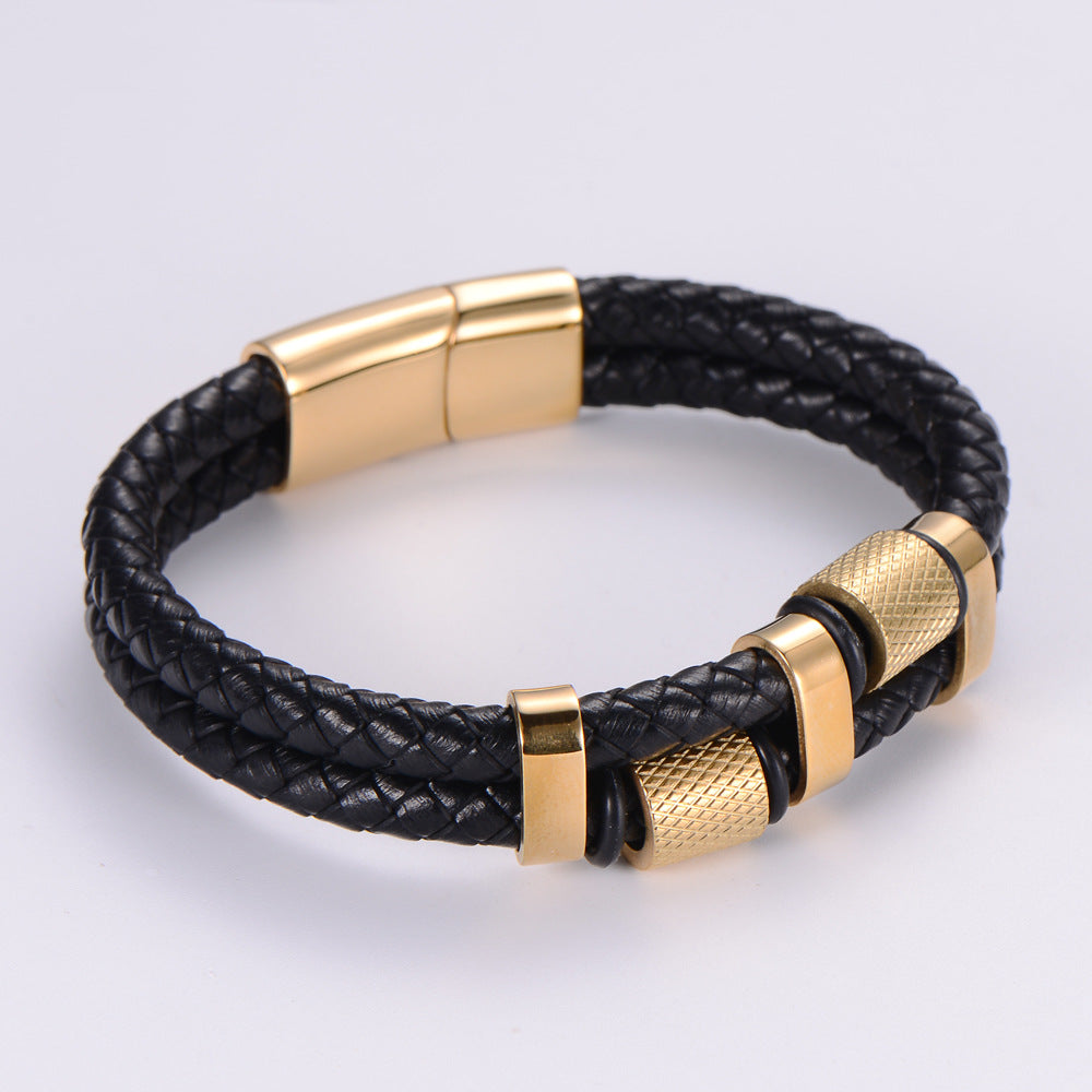 fashion leather jewelry stainless steel 18K gold double-layer leather rope bracelet