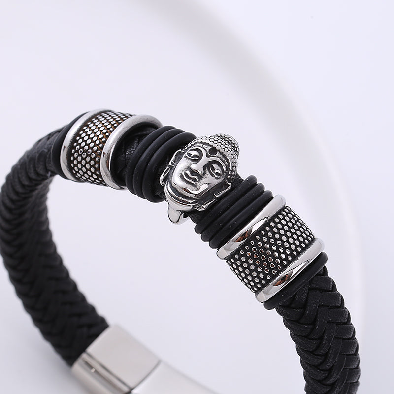 AML European And American Genuine Leather Handmade Woven Leather String Men 'S Bracelet Stainless Steel Magnetic Snap Domineering Cross-Border E-Commerce Bracelet