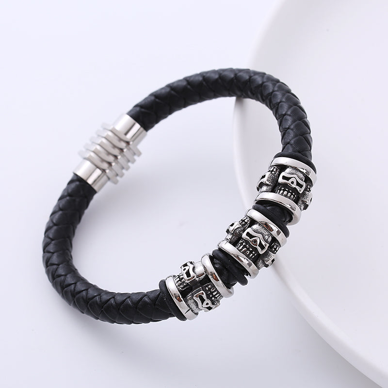 AML Halloween Skull Leather Rope Stainless Steel Men's Bracelet Magnetic Snap Personality Trend Braided Bracelet Gift