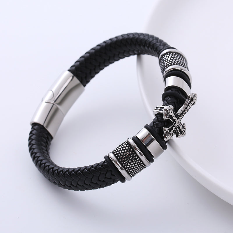 AML Cross-Border Retro Exquisite Cross Stainless Steel Charm Men's Leather Cord Bracelet European and American Style
