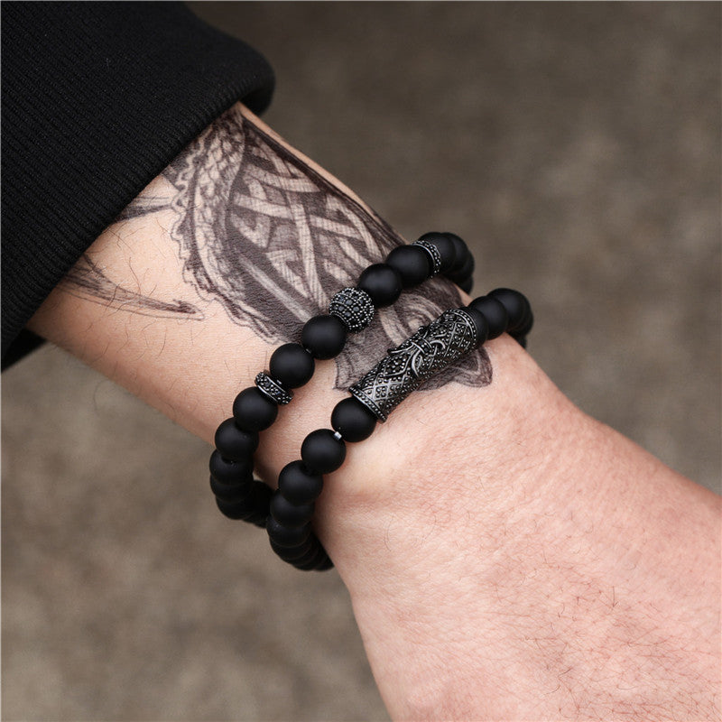 Light Luxury Minority Frosted Stone Lion's Head Crown Zircon Flower Tube Spacer Set Bracelet