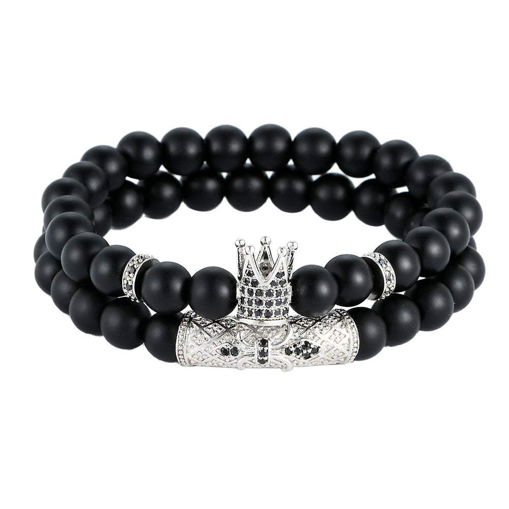 Light Luxury Minority Frosted Stone Lion's Head Crown Zircon Flower Tube Spacer Set Bracelet