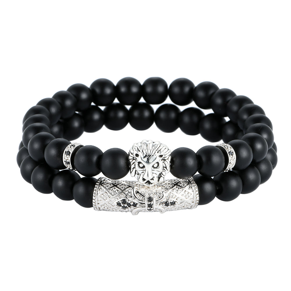 Light Luxury Minority Frosted Stone Lion's Head Crown Zircon Flower Tube Spacer Set Bracelet