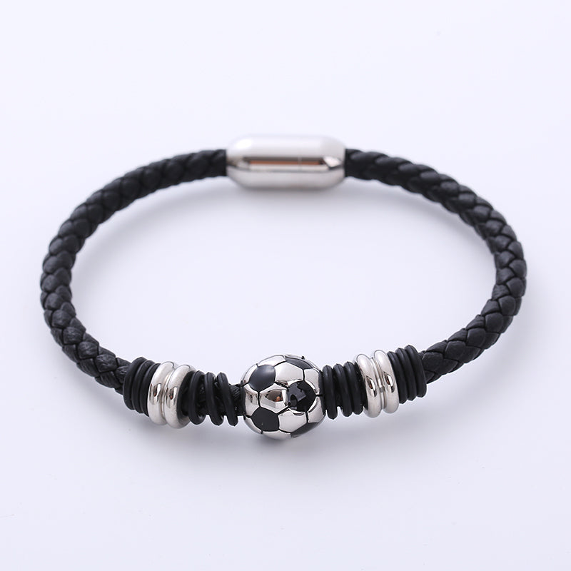 AML European and American Men's Personality Stainless Steel Bracelet Sports Style World Cup Football Woven Leather String Bracelet