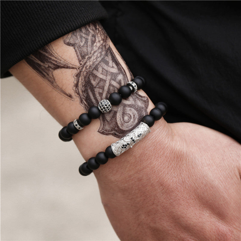 Light Luxury Minority Frosted Stone Lion's Head Crown Zircon Flower Tube Spacer Set Bracelet