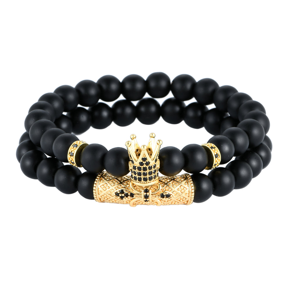 Light Luxury Minority Frosted Stone Lion's Head Crown Zircon Flower Tube Spacer Set Bracelet