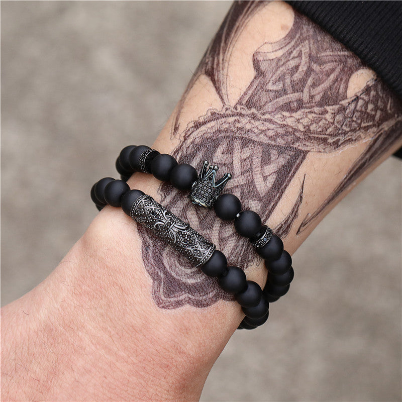 Light Luxury Minority Frosted Stone Lion's Head Crown Zircon Flower Tube Spacer Set Bracelet