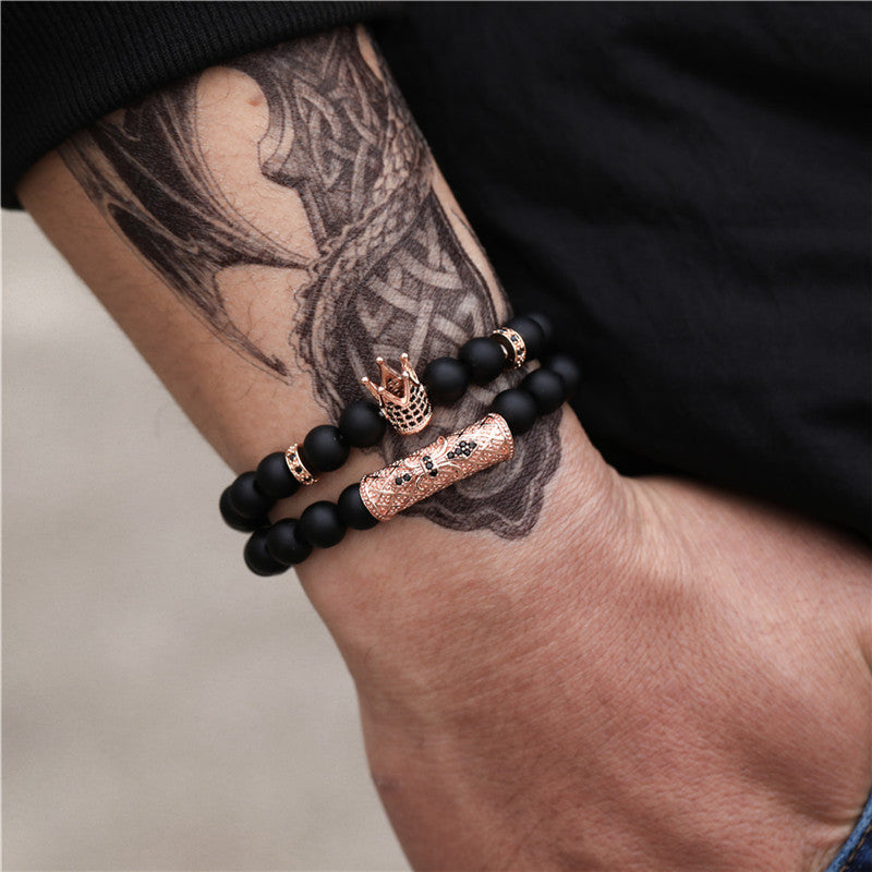 Light Luxury Minority Frosted Stone Lion's Head Crown Zircon Flower Tube Spacer Set Bracelet