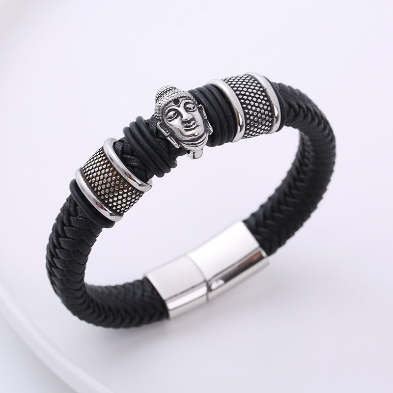 AML European And American Genuine Leather Handmade Woven Leather String Men 'S Bracelet Stainless Steel Magnetic Snap Domineering Cross-Border E-Commerce Bracelet