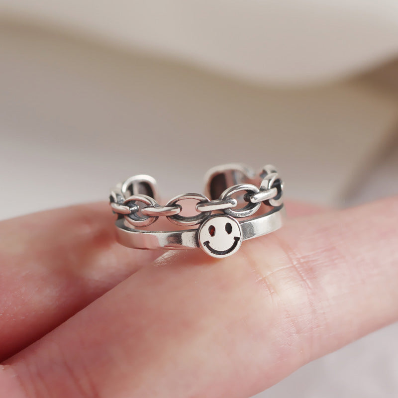 South Korea Dongdaemun retro smiley face double ring S925 sterling silver personalized index finger ring
