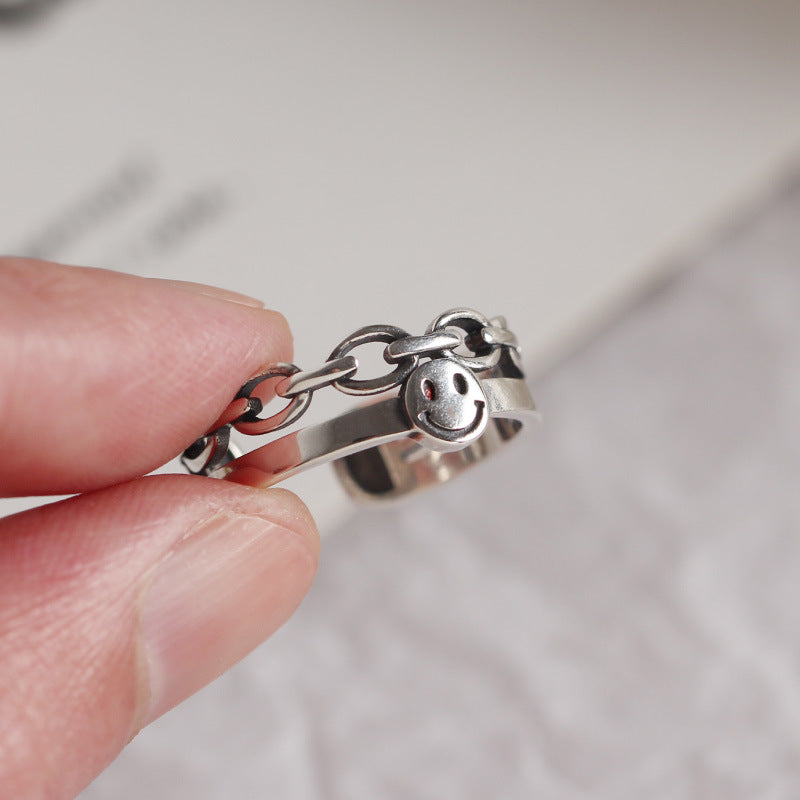 South Korea Dongdaemun retro smiley face double ring S925 sterling silver personalized index finger ring
