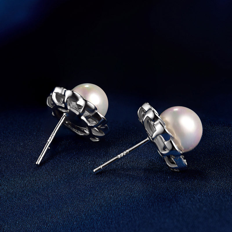 S925 sterling silver pearl earrings Korean temperament micro-inlaid zircon shell beads earrings
