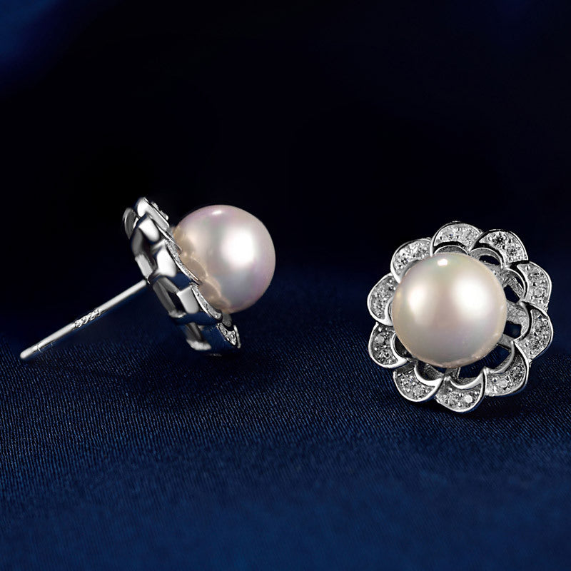 S925 sterling silver pearl earrings Korean temperament micro-inlaid zircon shell beads earrings