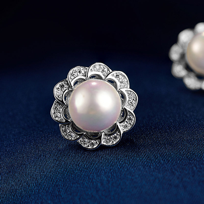 S925 sterling silver pearl earrings Korean temperament micro-inlaid zircon shell beads earrings