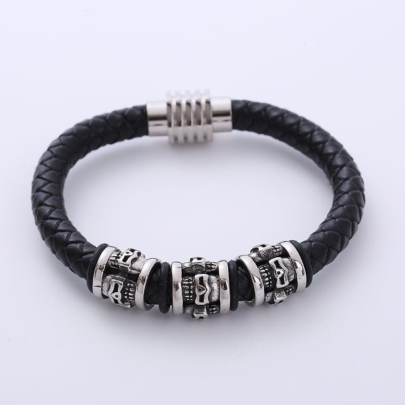 AML Halloween Skull Leather Rope Stainless Steel Men's Bracelet Magnetic Snap Personality Trend Braided Bracelet Gift