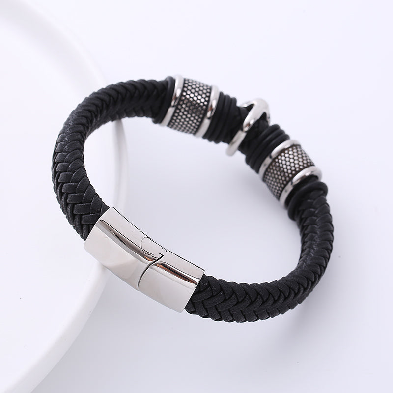 AML European And American Genuine Leather Handmade Woven Leather String Men 'S Bracelet Stainless Steel Magnetic Snap Domineering Cross-Border E-Commerce Bracelet