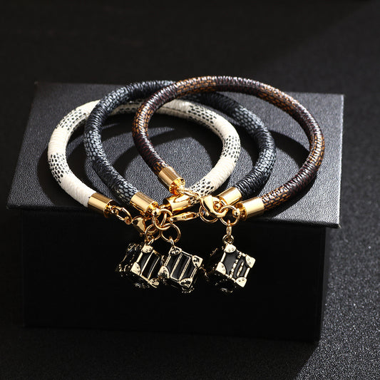 new fashion striped bracelet PU leather rope electroplating real gold copper bracelet