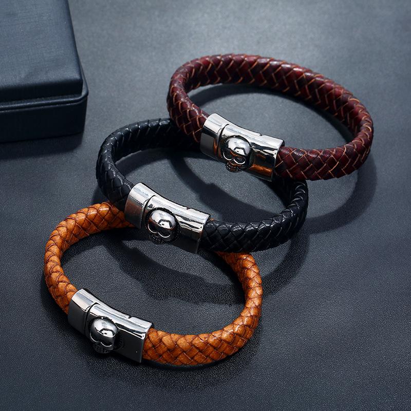 Explosion style stainless steel leather bracelet vintage woven titanium steel jewelry