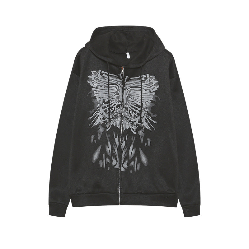 Fd15983963 New Loose Casual Butterfly Vintage Print Long-Sleeve Zipper Hooded Sweatshirt Cardigan Women