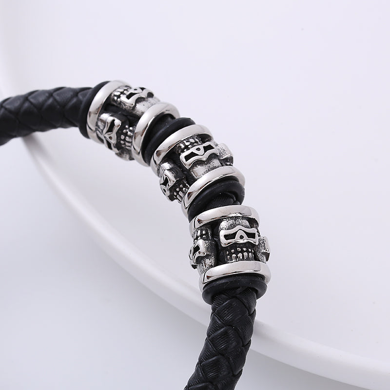 AML Halloween Skull Leather Rope Stainless Steel Men's Bracelet Magnetic Snap Personality Trend Braided Bracelet Gift