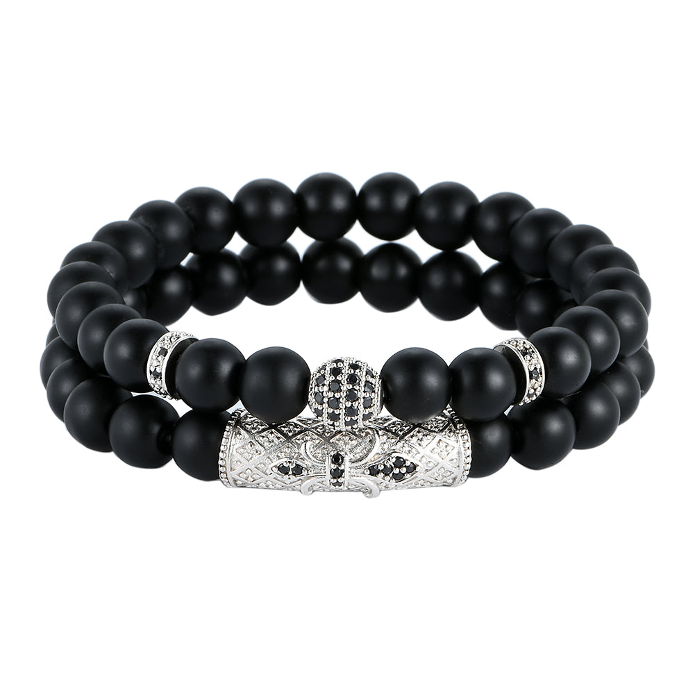 Light Luxury Minority Frosted Stone Lion's Head Crown Zircon Flower Tube Spacer Set Bracelet
